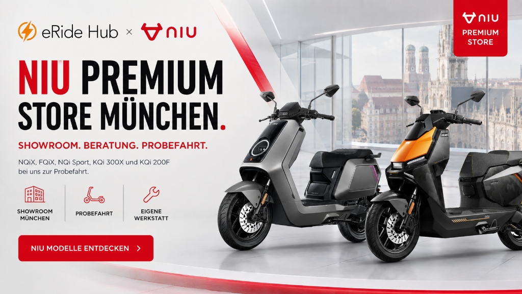 NIU Premium Store München: eRide Hub × NIU. Showroom, Beratung, Probefahrt. NQiX, FQiX, NQi Sport, KQi 300X und KQi 200F.
